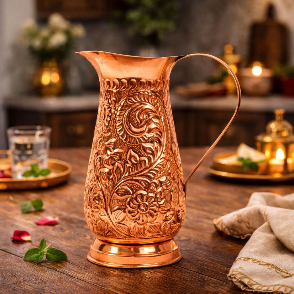 Pure copper jug, royal designer, storage drinking water pitcher, 1300 ML